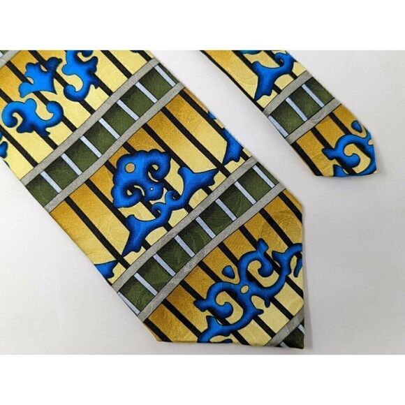GRATEFUL DEAD SILK TIE THE WOLF 2ND SET GEOMETRIC BLUE GOLD OLIVE 3.5" - Picture 1 of 3